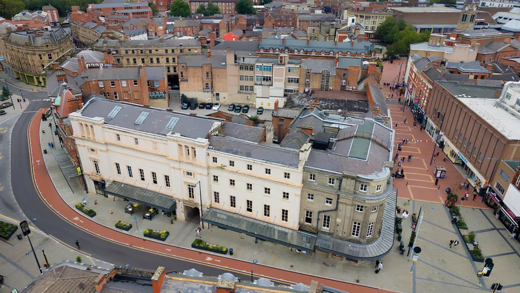 Aerial view of The Royal Buildings at the junction of Victoria Street and Corn Market in Derby city centre