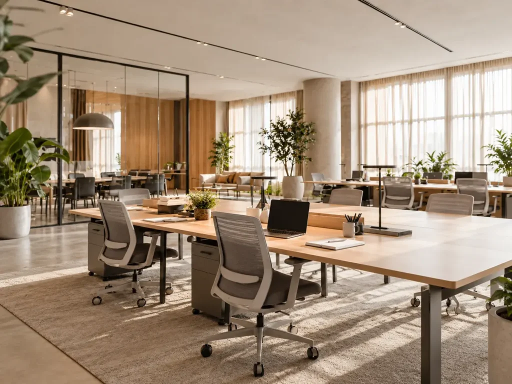 Bright open-plan co-working space with shared wooden desks, grey task chairs, potted plants and a glass-walled meeting room