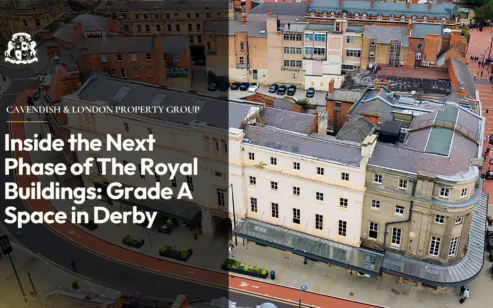 Aerial view of The Royal Buildings at Victoria Street and Corn Market, Derby, with the title Inside the Next Phase of The Royal Buildings: Grade A Space in Derby